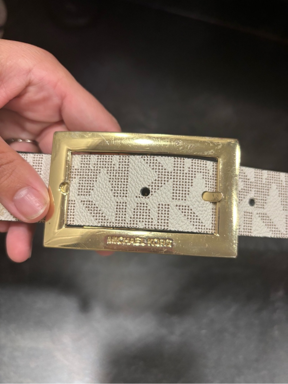 MICHAEL KORS White Logo Monogram Belt with Gold Buckle
